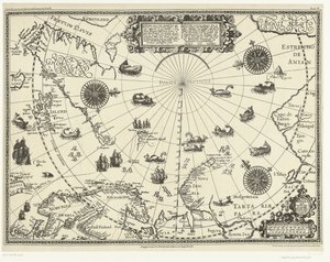 Karta över länderna runt polcirkeln som visar holländarnas tre resor, 1598 Beskrivning av de tre seylagien gjorda av holländarna ande Noordt syde van Noorweghen, Moscovia, nova Sembla, slutar genom delen av Groenlandt på 80. grader av Arnaud A.J. Pistoor