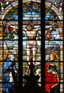 Korsfästelsen, med Jungfru Maria, Sankt Johannes och Maria Magdalena vid foten av korset - Målat glas i kapellet i det heliga sakramentet, av Arnaud de Moles (1470-1520) färdigställd 1513 - Cathedrale Sainte Marie d