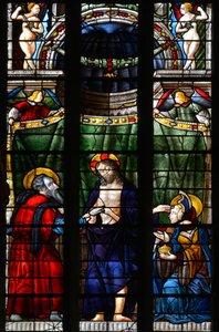 Den uppståndne Kristus tar den helige Tomas hand för att få honom att se sina sår och berör med andra handen pannan på Sankta Maria Magdalena - Målat glas från kapellet Notre Dame d
