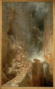 Ein Drache in einer Felsenschlucht - En drake i en klippig ravin ... (målning på duk) av Arnold Böcklin