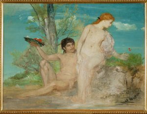 Paar vor einer Baumgruppe - Par framför en grupp träd ... (målning på duk) av Arnold Böcklin