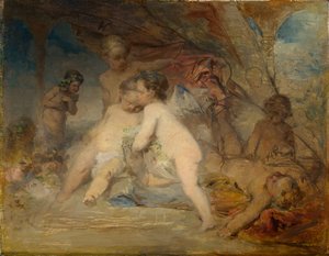Putti och ett ungt Eros i en skogsglän av Arnold Böcklin