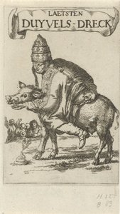 Paus på en gris Titelblad för: J. Lydius, Laetsten duyvels-dreck, 1687 av Arnold Houbraken