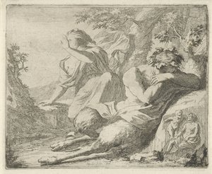 Satyr och kvinnlig figur täcker ögonen från solljus Scen med syndastatyer öppnade i tjänst för målare, statyhållare etc. (serietitel) av Arnold Houbraken