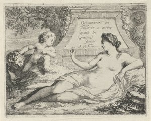 Venus spioneras av en satyr Ordonnances des tableaux a mettre devant les Gemineés (titel på objekt) Syndernas scen, öppen för målare, skulptörer etc. (serietitel) av Arnold Houbraken