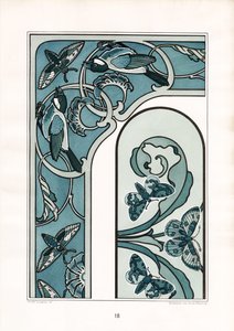 Art Nouveau ramornament med fåglar och nattfjärilar (litografi) av Arnold Lyongrün