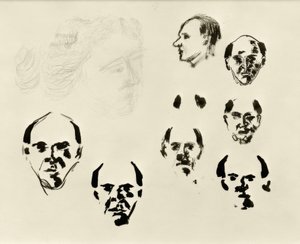 Självporträtt (7 heads en face och i profil och skiss)
