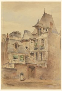 Teckning, Gatuscen med medeltida hus, ca 1885