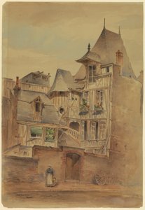 Teckning, Gatuscen med medeltida hus, ca 1885
