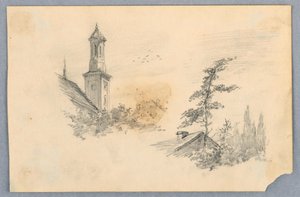 Skiss av kyrktornet och taket av Arnold William Brunner