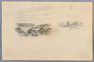 Två vyer, landskap och stadssilhuett av Arnold William Brunner