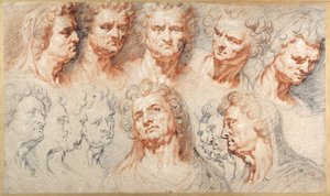 Tretton studier baserade på ett romerskt kejsarhuvud (svarta och röda krita med brunt bläck på vitt papper) av Arnold or Artus the Elder Quellin I