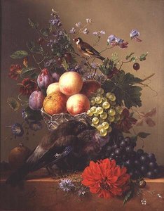 Stilleben med frukt och blommor