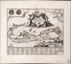 Mappa Aestivarum Insularum, alias Barmudas dictarum. Enstaka ark, gravyr. av Arnoldus Montanus
