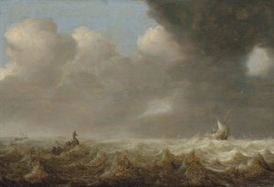 Nederländska: Fartyg i stormigt väder Fiskebåtar i hård sjö av Arnoldus van Anthonissen