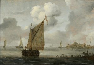 Seglande båtar nära en kust av Arnoldus van Anthonissen