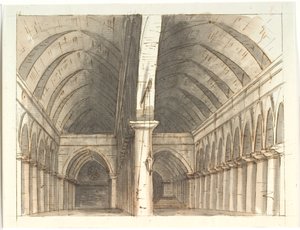 Interiör av nedre våningen i en kyrka (?) med pelare och valv