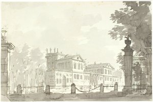 Slott i inhägnad park, t.h. en gallergrind