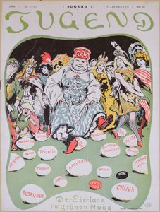 Egg Dance, tecknad film om den första fredskonferensen i Haag, från den tyska tidskriften Jugend, 29 juli 1899 av Arpad Schmidhammer