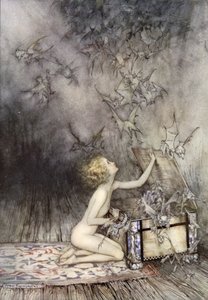 Öppning av Pandoras ask, scen från A Wonder Book, av Nathaniel Hawthorne (färg litho)