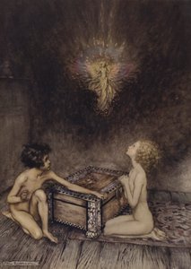 Pandora och Epimetheus, scen från A Wonder Book, av Nathaniel Hawthorne (färg litho)