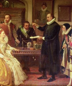 Dr William Gilbert 1544-1603 visar sitt experiment om elektricitet för drottning Elizabeth I och hennes hov, detalj av Gilberd, 1800-talsolja på duk av Arthur Ackland Hunt