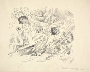 Två kvinnliga figurer i ett landskap (penna på papper) av Arthur Bowen Davies