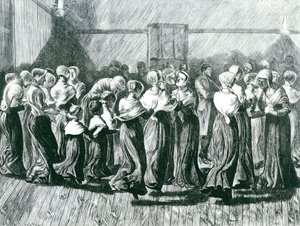 Shakers at a Meeting: the Religious Dance, illustration från, The Graphic, publicerad 14 maj 1870 av Arthur Boyd Houghton