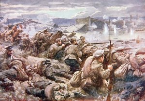 En heroisk rysk backgardeaktion i den stora polska reträtten (färg litho)