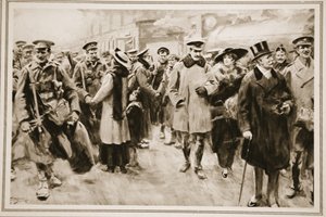 The Weekend away from the Front: Brittiska officerare och män på kort ledighet från skyttegravarna som anländer till Victoria, från "The Illustrated War News" av Arthur C. (after) Michael