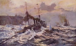 Den australiensiska flottans krigsskepp lämnar Sydneys hamn (färg litho) av Arthur C. Burgess