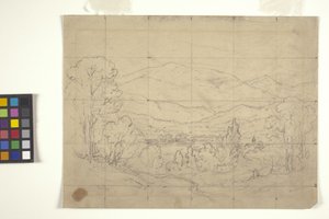 Study For Mountainous Landscape (penna på benvitt papper i kvadrat för överföring)