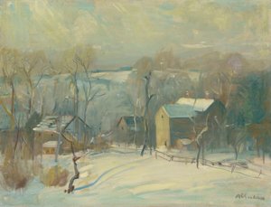 Village in Snow (olja på duk)