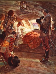 Döden av amiral Blake (1599-1657) illustration från "Drakes trumma och andra sånger av havet" av Henry Newbolt (1862-1938) pub. 1905 (lito i färg)