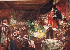 Kejsaren anlände lutad på axeln av en lång vacker pojke, illustration från Romance of History: The Netherlands, 1920-talet