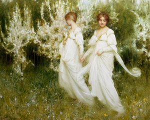 "Innocence" Två vitklädda kvinnor som symboliserar oskuld och renhet promenerar i en trädgård. Målning av Arthur Hacker (1858-1919) (pre-rafaelit) Privat samling