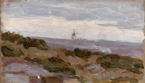 Landskapsstudie med väderkvarn vid horisonten, ca 1900