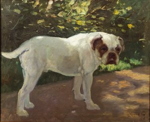 En bulldogg på en trädgårdsstig (olja på duk)