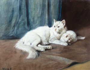 En vit perserkatt med sina kattungar (olja på duk)