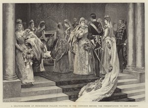 En salong i Buckingham Palace som väntar i korridoren innan presentationen för Hennes Majestät av Arthur Hopkins