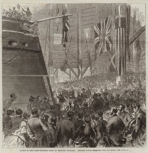 Sjösättning av skruvkorvetten Druid vid Deptford Dockyard, prinsessan Louise släpper loss hundkärran.