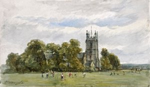 Cricket på Stray, framför Christ Church, High Harrogate (akvarell) av Arthur J. Stark