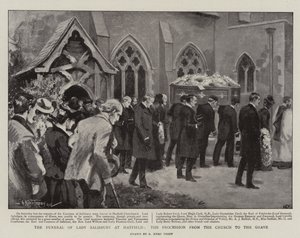 Lady Salisburys begravning i Hatfield, processionen från kyrkan till graven (litho)