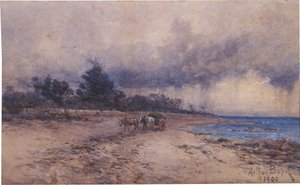 ej benämnd (samla tång före stormen, Sandringham -stranden) av Arthur Merric Boyd