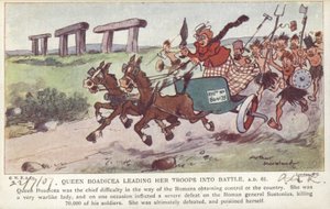 Drottning Boadicea leder sina trupper i strid, 61 e.Kr. (färglitografi)