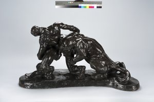 Man inlåst i strid med Lioness Cub (brons) av Arthur Putnam