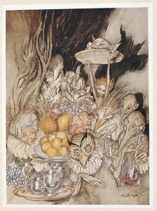 AKT III: Scen III, rad 19 Gå in i flera konstiga former, ta in en bankett ... bjuda kungen, etc, att äta. av Arthur Rackham