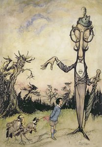 A Giant with a Child and Two Crows, illustration från The Book of Betty Barber av Maggie Brown, pub.1910 (penna och bläck, senare färglagd av Harry Rountree, 1878-1950) (även en illustration till boken o