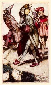En laputisk gentleman som tar en promenad från del III: A Voyage to Laputa etc i Gullivers Travels av Jonathan Swift av Arthur Rackham
