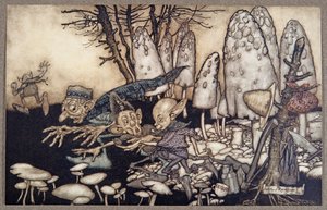 Ett gäng arbetare som sågade ner en padda rusade iväg och lämnade sina verktyg bakom sig, från Peter Pan i Kensington Gardens av J M Barrie (1860 - 1937), pub. 1906 av Arthur Rackham